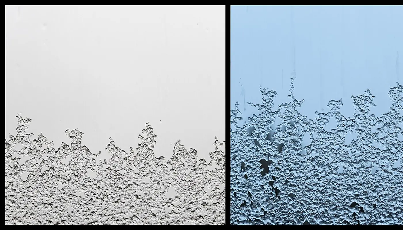 Slush on window in three lights
